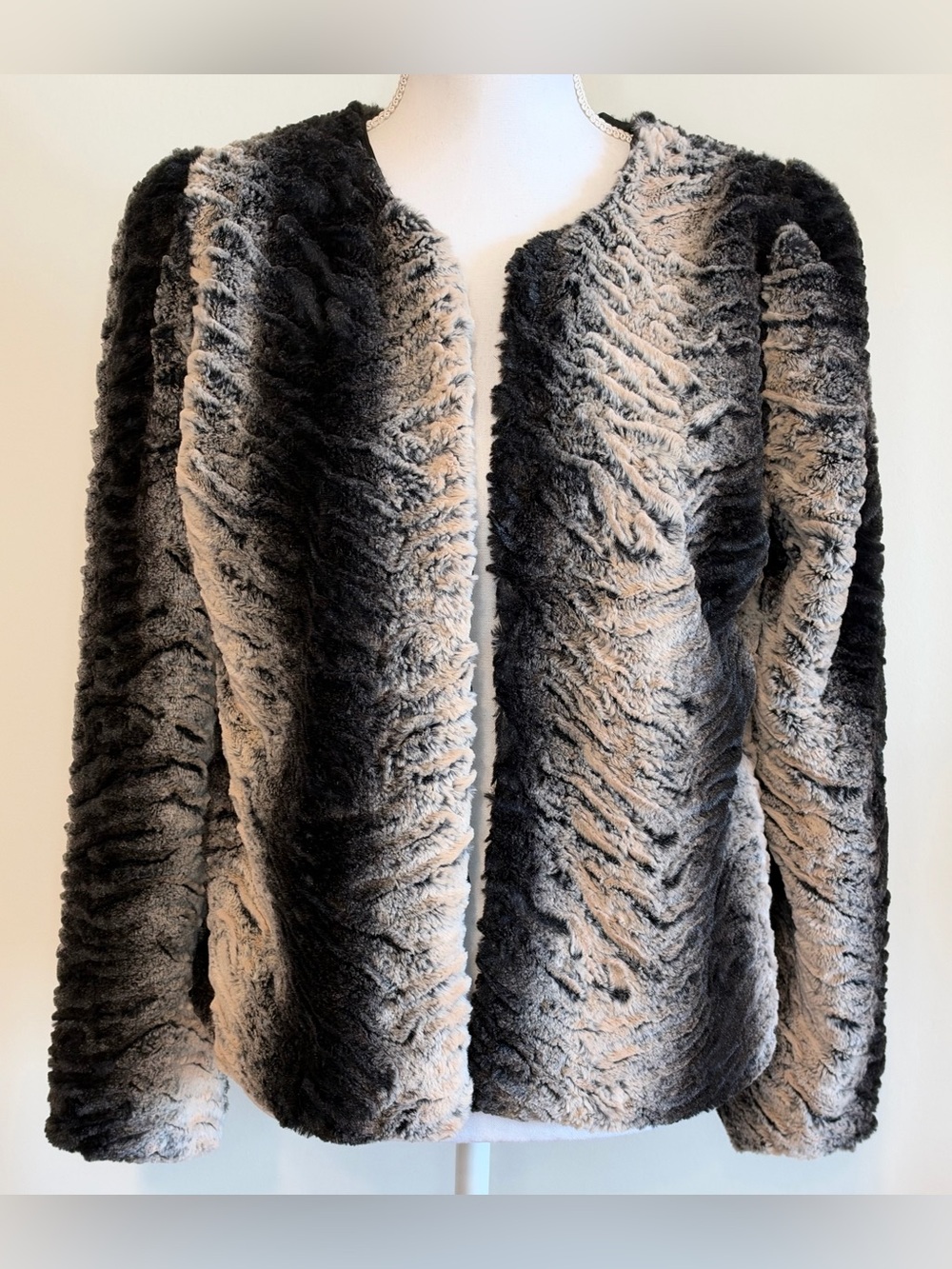 Band of Gypsies Faux Fur Jacket Black Beige Striped Open Front Size S